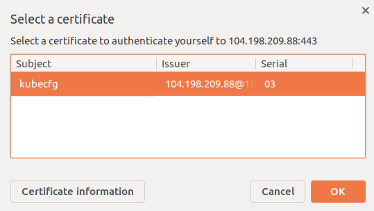 select the certificate to use for authentication-Kubernetes Dashboard