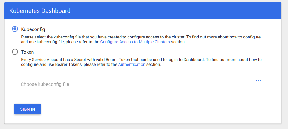 Authentication screen from Kubernetes-Kubernetes Dashboard