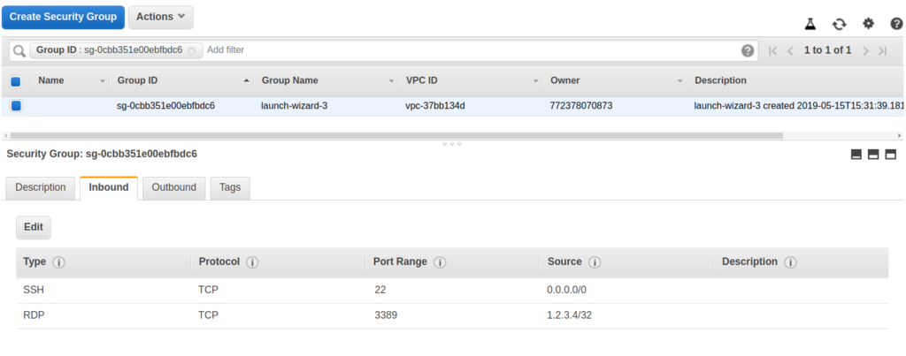 rdp securitygroup associated in AWS to the instance